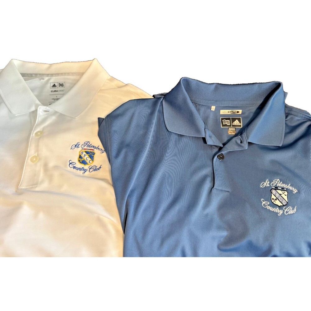 Adidas Climalite Golf Polo Mens L St. Petersburg CC 2 Pack Blue and White